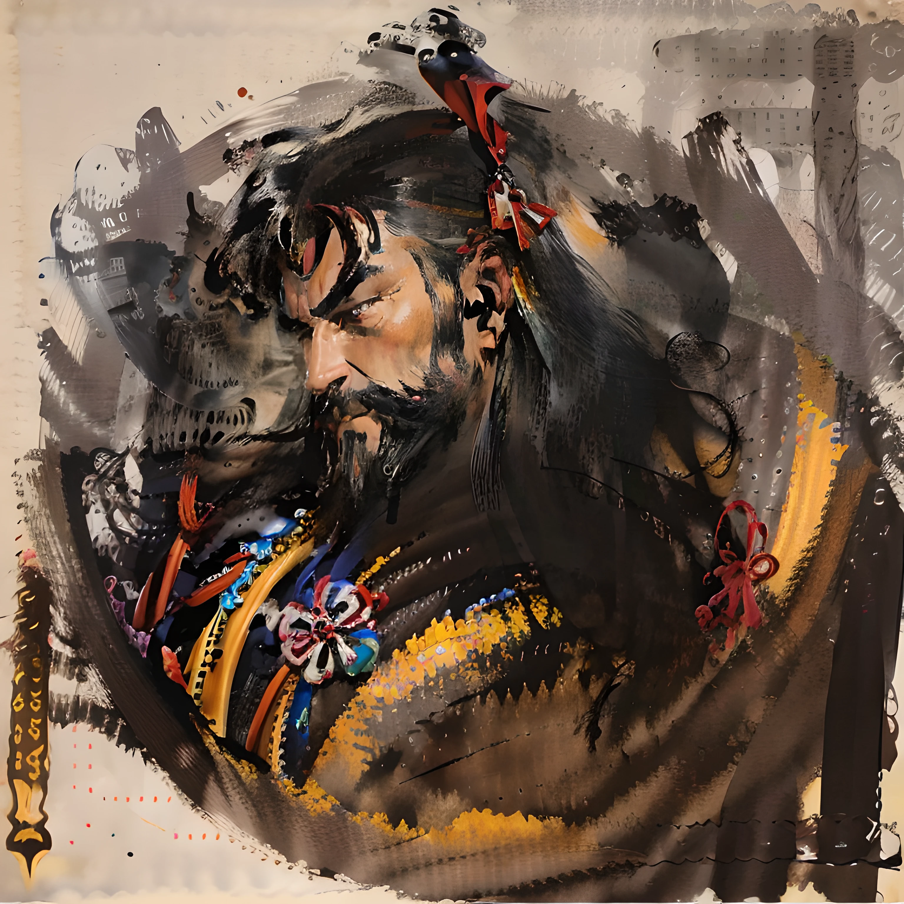 C&#39;est une peinture complète du corps avec des couleurs naturelles，Dessin au trait de style Katsushika Hokusai。Le général grand，comme un homme fort。Son expression solennelle et virile，plein de détermination，casque minoritaire，Barbe noire épaisse Viking，barbe fendue。Il porte une armure noire sur le haut du corps。avec la plus haute qualité，Chef-d&#39;œuvre de style ukiyo-e haute résolution composé d&#39;éclairs et de flammes tourbillonnantes et le corps tourné vers l&#39;avant.，Le dos droit。