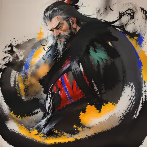 This  a full-body painting with natural colors，Katsushika Hokusai style line drawing。The general  tall，like a strong man。His expression  solemn and manly，Full of determination，minority helmet，Viking thick black beard，Beard ends parted。His whole body  cover...