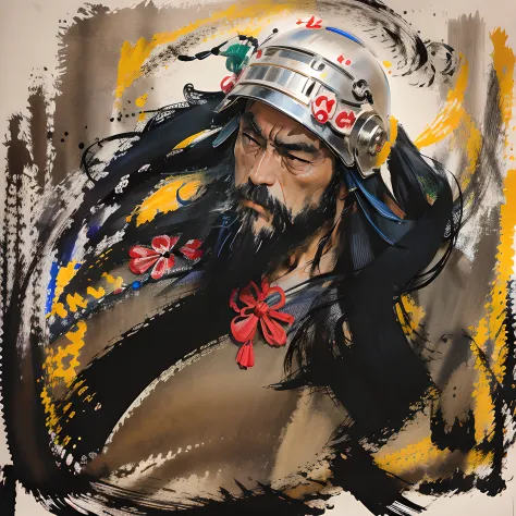 This  a full-body painting with natural colors，Katsushika Hokusai style line drawing。The general  tall，like a strong man。His expression  solemn and manly，Full of determination，minority helmet，Viking thick black beard，Beard ends parted。His whole body  cover...