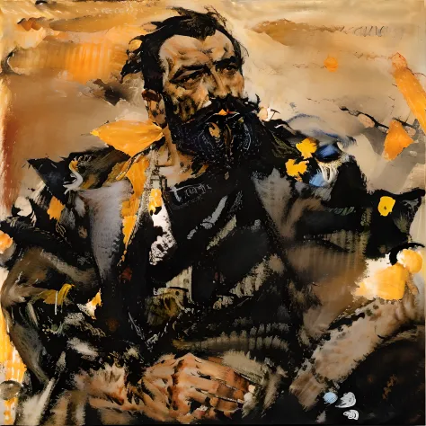 This  a full-body painting with natural colors，Katsushika Hokusai style line drawing。The general  very tall，like a strong person。His expression was solemn and manly，Full of determination，minority helmet，Viking thick black beard，Split beard。He wears black a...