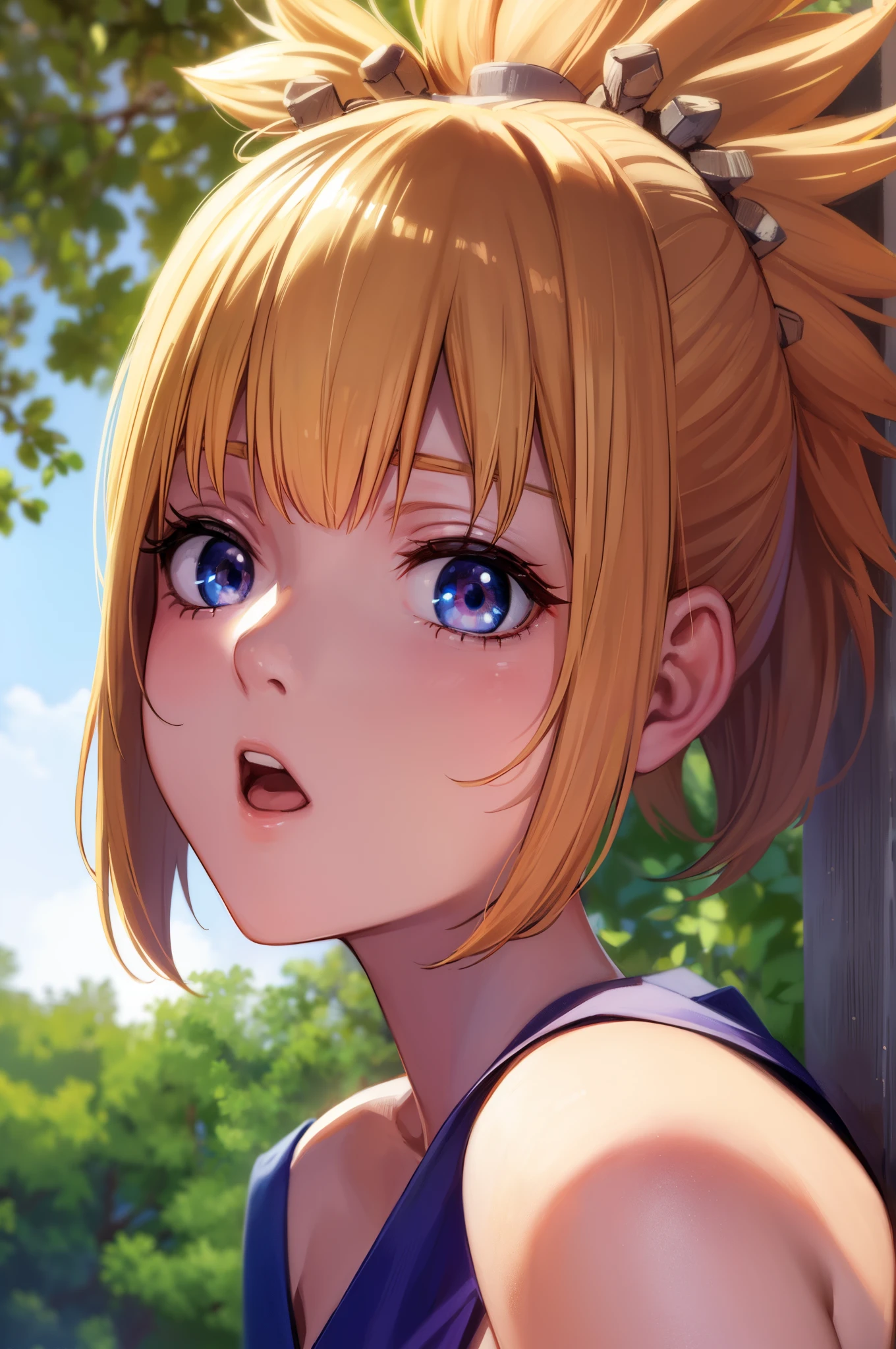 kohaku, kohaku, Blonde hair, Blue eyes, Hair Ornament, Ponytail, (1girll:1.3)
BREAK bare shoulders, Blue Dress, Choker, Dress, noose, rope belt, Sleeveless, Sleeveless dress, The hem is in tatters, Full body, (close up of face),
BREAK outdoors, skyporn, forest, Nature,
BREAK (masutepiece:1.2), Best Quality, High resolution, Unity 8k壁纸, (Illustration:0.8), (Beautiful detailed eyes:1.6), extra detailed face, Perfect Lighting, extremely details CG, (Perfect hands, Perfect Anatomy), Open mouth, (hand on own chin:1.Perfect litthing