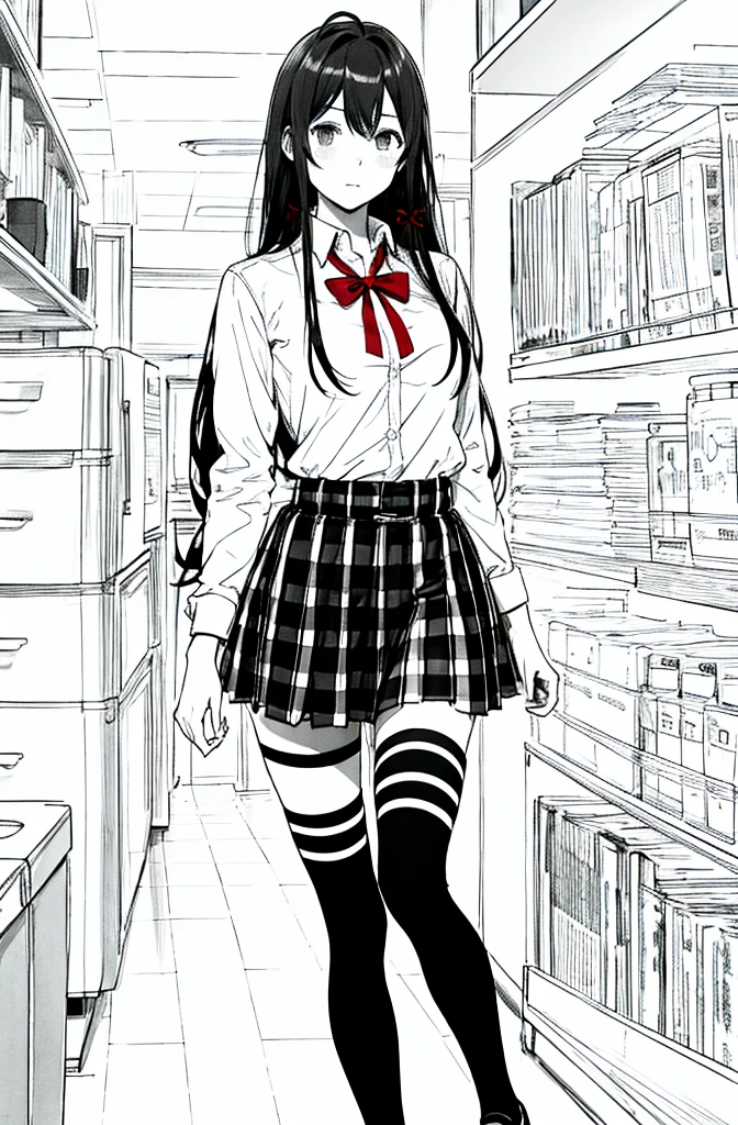 1 girl as yukino yukinoshita, 터무니없는,  고등어, 홀로, , 큰 가슴, 허리까지 긴 검은 머리, (트윈테일:0.5), 미니스커트, 검은 색 허벅지 높이 양말, 느슨한 빨간 리본, 단추가 풀린 흰색 셔츠