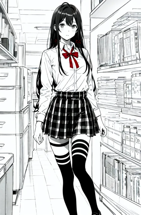 1 girl as yukino yukinoshita, absurdres,  highres, solo, school uniform, big breasts, waist long black hair, (twintails:0.5), mi...