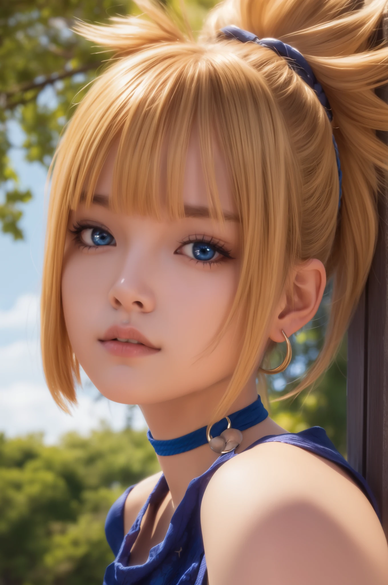 top-quality, 8K, ultra-detailliert, Photorealsitic, kohaku, kohaku, Blonde hair, Blue eyes, Hair Ornament, Ponytail, (1girll:1.3)
BREAK bare shoulders, Blue Dress, (Rope Choker:1.4), Dress, noose, rope belt, Sleeveless, Sleeveless dress, The hem is in tatters, Full body, (close up of face),
BREAK outdoors, skyporn, forest, Nature,
BREAK (masutepiece:1.2), Best Quality, High resolution, Unity 8k壁纸, (Illustration:0.8), (Beautiful detailed eyes:1.6), extra detailed face, Perfect Lighting, extremely details CG, (Perfect hands, Perfect Anatomy), Open mouth, (hand on own chin:1.Perfect stuff, Japanese face