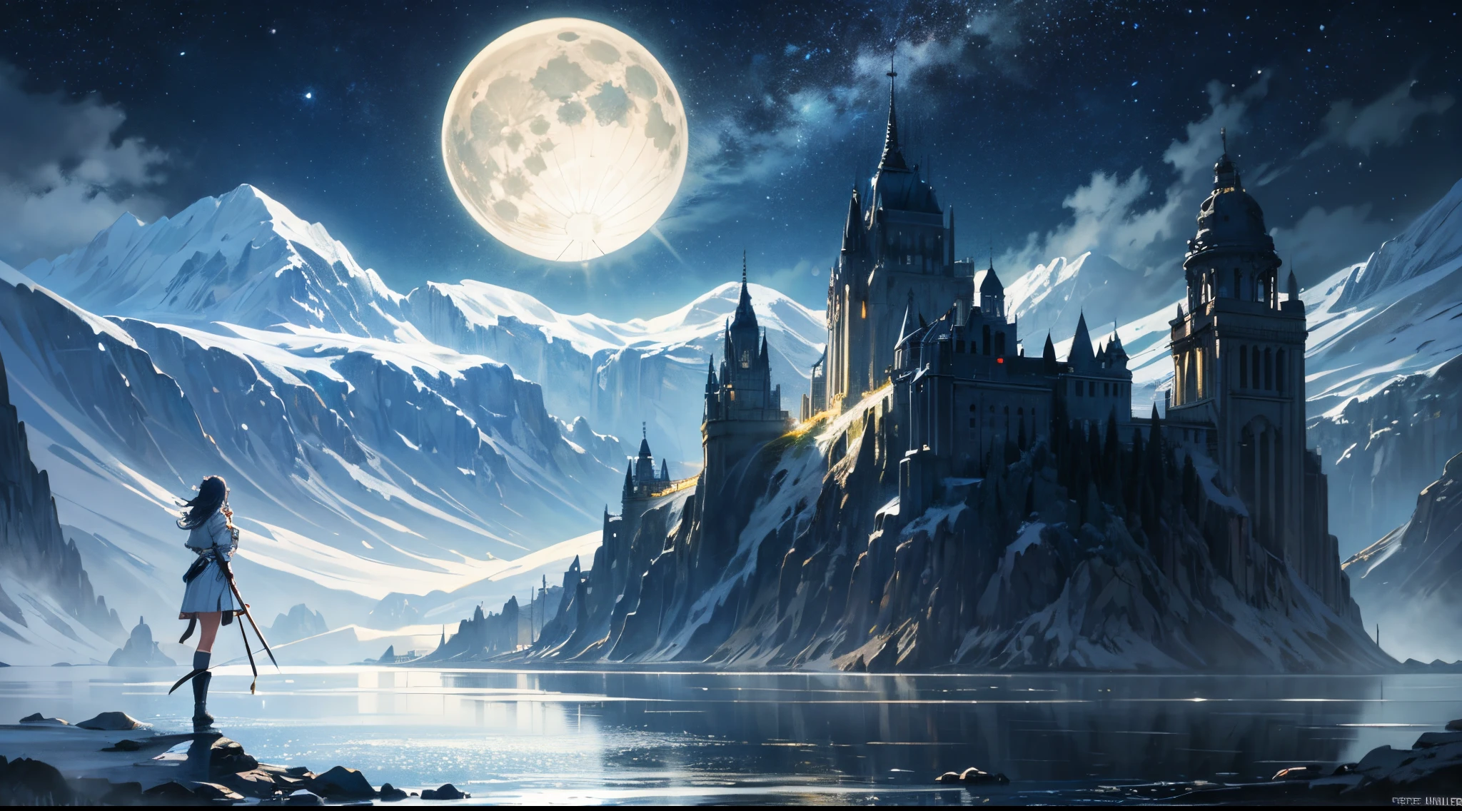 A painting of a river with stars and moon in the sky, concept art inspired by Tosa Mitsuoki, pixiv contest winner, best quality, fantasy art, beautiful anime scene, a bright moon, moonlit starry environment, dream painting, Anime Background Art, Fantasy Landscape Art, Fantasy Night, Anime Background, Background Artwork, Fantastic Art, Atmospheric Anime, Starry Sky, Detail Enhanced.