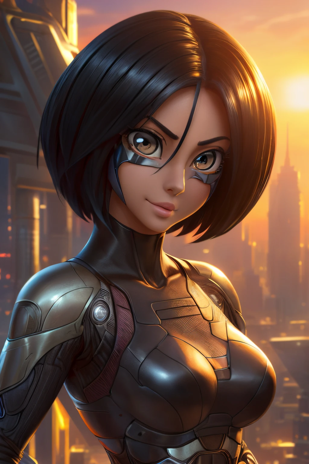 ((ultra quality)), ((tmasterpiece)), Alita Battle Angel, ((Black, Short Hair Hair)) (Beautiful cute face), (beautiful female lips), Charming, ((aroused expression)), looks at the camera with a gentle smile, eyes are slightly closed, (skin color white), Body glare, ((detailed beautiful female eyes)), ((light hazel eyes)), (juicy female lips), (beautiful female hands), ((perfect female figure)), perfect female body, Beautiful waist, gorgeous big thighs, beautiful breasts, ((Subtle and beautiful)), stands, (close-up of the face), (Alita costume) background: Cyberpunk city, Beautiful sunset, ((Depth of field)), ((high quality clear image)), (crisp details), ((higly detailed)), Realistic, Professional Photo Session, ((Clear Focus)), the anime