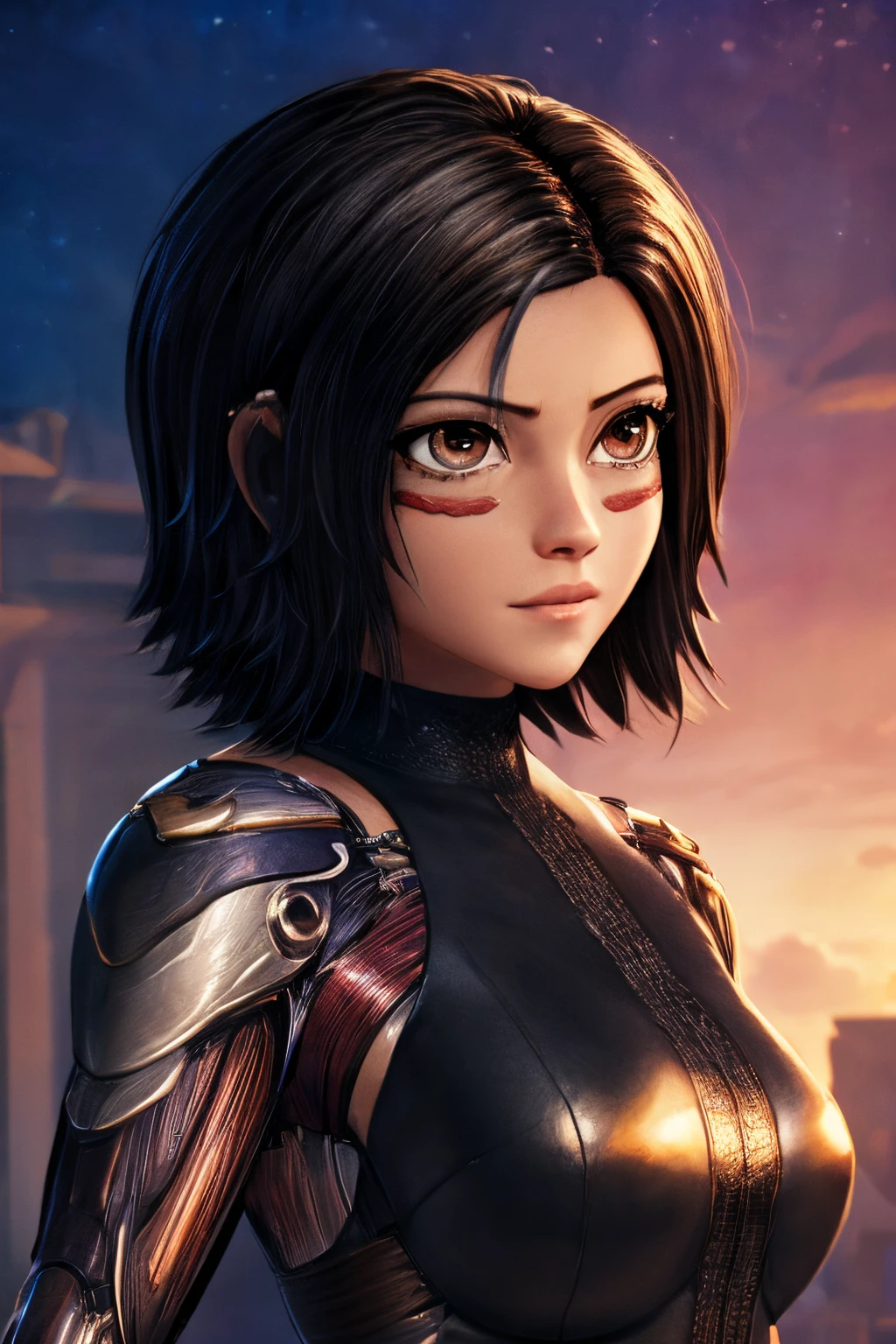 ((ultra quality)), ((tmasterpiece)), Alita Battle Angel, ((Black, Short Hair Hair)) (Beautiful cute face), (beautiful female lips), Charming, ((aroused expression)), looks at the camera with a gentle smile, eyes are slightly closed, (skin color white), Body glare, ((detailed beautiful female eyes)), ((light hazel eyes)), (juicy female lips), (beautiful female hands), ((perfect female figure)), perfect female body, Beautiful waist, gorgeous big thighs, beautiful breasts, ((Subtle and beautiful)), stands, (close-up of the face), (Alita costume) background: Cyberpunk city, Beautiful sunset, ((Depth of field)), ((high quality clear image)), (crisp details), ((higly detailed)), Realistic, Professional Photo Session, ((Clear Focus)), the anime