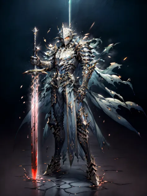 (masterpiece, top quality, best quality, official art, beautiful and aesthetic:1.2),(8k, best quality, masterpiece:1.2),CGDivineSwordsw, weapon, armor, sword, 1boy, solo, holding, male focus, holding weapon, holding sword, glowing, helmet, cape, shoulder a...