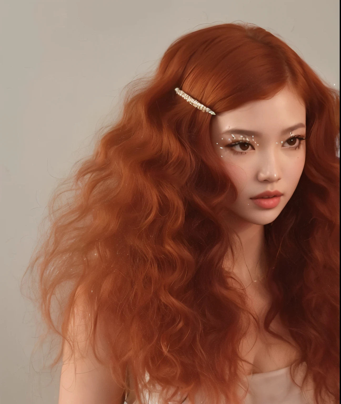 A close up of a woman with long red hair wearing a tiaper - SeaArt AI