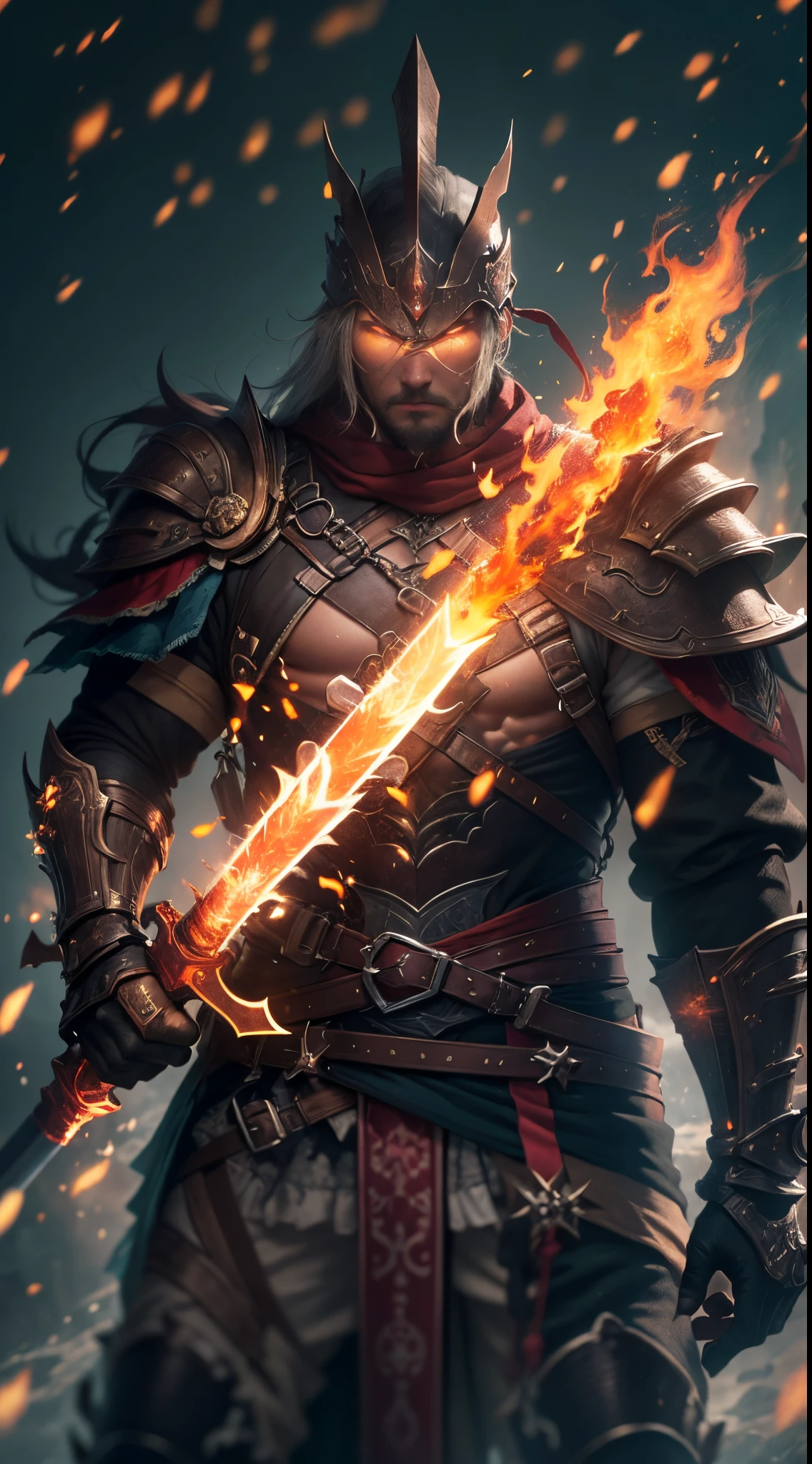 Un guerrero empuñando una espada de llamas ardientes., (mejor calidad,4k,alta resolución:1.2),renderizado basado físicamente, colores vívidos, bokeh, (intense, dramático:1.1) Encendiendo, (alto contraste:0.9)