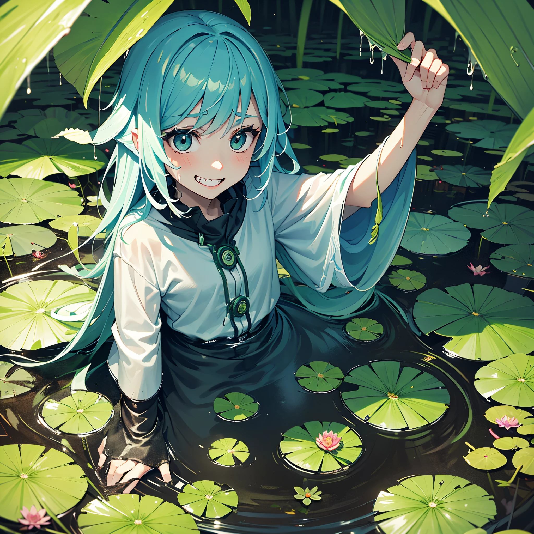 girl coming out of the swamp. she drips mucus. Jagged teeth. Grinning. Lots of water lilies.