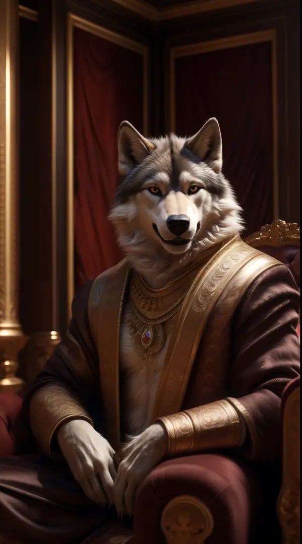 A realistic portrait of an alone furry wolf character wearing a luxury outfit wearing expensive jewelry young adult man of 20 years old looking at the viewer happy expression sitting on the sofa and a realistic background of his mansion ultra realistic dig...