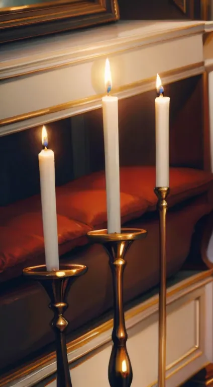 (best quality, masterpiece), close up shot of candles burning in the middle of the room, candle holder, victorian living room