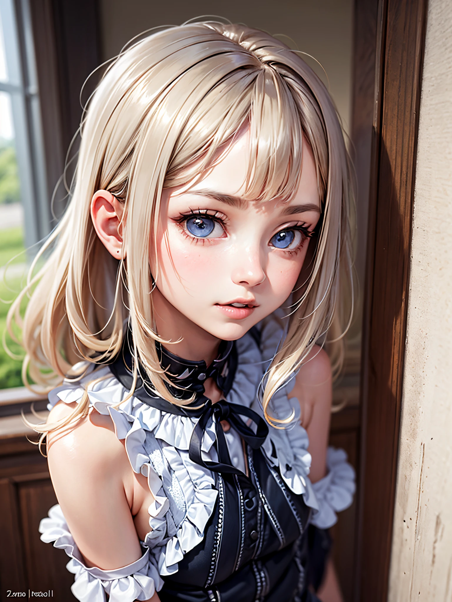 ((masuter piece、Best Quality、masutepiece、top-quality、Highest Standards、Top image quality、Only one girl、Very beautiful girl、platinum-blonde-hair、intense blue eyes、Strong highlights of the eyes、Perfect Anatomy、Dynamic lighting、lipgloss))、(Raw photo:1.2)、(photoRealstic:1.4)、Beautiful face with perfect symmetry、beautiful detailed women、extremely detailed eye and face、beatiful detailed eyes、Beautiful teeth、Beautiful teeth alignment、ultra-detailliert、ighly detailed、Light on the Face、long neck、Put your ears out、Bansig eyes、Lashes、kawaii、slightly larger breasts、((detailed princess dresses:1.2))、A beautiful girl is standing in the entrance hall、tiarra、a miniskirt、Silk Stockings、high-heels、Shadow Fade、Shadow Fade:0.9、A little natural light coming in from the front、A little natural light coming in from both sides