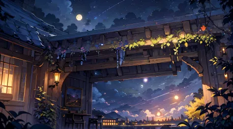 Makoto Shinkai, Expansive landscape photograph , (View from below，Displays the sky above and the clearing below), (full moon:1.2), ( meteors:0.9), (Starcloud:1.3), lamp lights, lots of purples and oranges, Intricate details, Volumetric lighting BREAK (Mast...