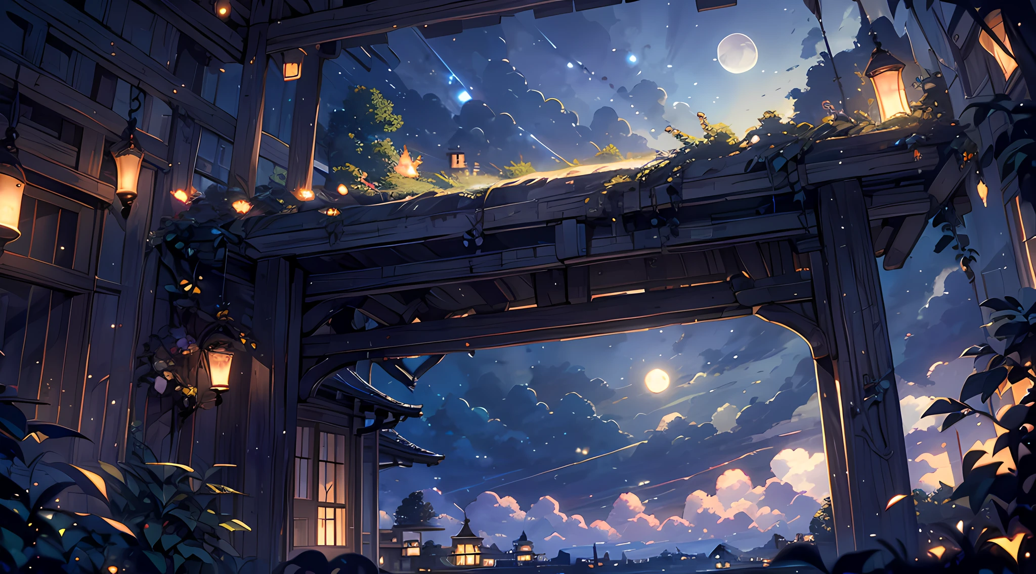 Makoto Shinkai, Expansive landscape photograph , (View from below，Displays the sky above and the clearing below), (full moon:1.2), ( meteors:0.9), (Starcloud:1.3), lamp lights, lots of purples and oranges, Intricate details, Volumetric lighting BREAK (Masterpiece:1.2), (Best quality), 4K, Ultra-detailed, (Dynamic composition:1.4), Highly detailed, Colorful details,( Iridescent colors:1.2), (luminouslighting, Atmospheric lighting), Dreamy, magical, (Solo:1.2)