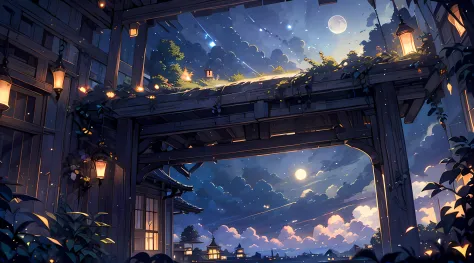Makoto Shinkai, Expansive landscape photograph , (View from below，Displays the sky above and the clearing below), (full moon:1.2...