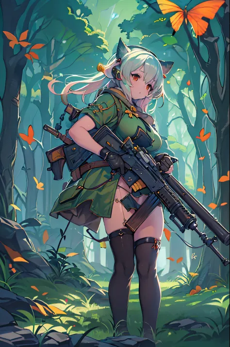 Anime girl with a rifle in the forest with butterflies, anime fantasy illustration, guweiz on artstation pixiv, anime fantasy artwork, guweiz on pixiv artstation, female forest archer, 2. 5 d cgi anime fantasy artwork, Trending on ArtStation pixiv, beautif...
