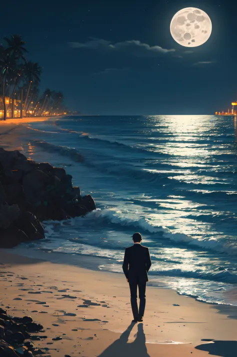 Very sad man walking sea side , night full moon