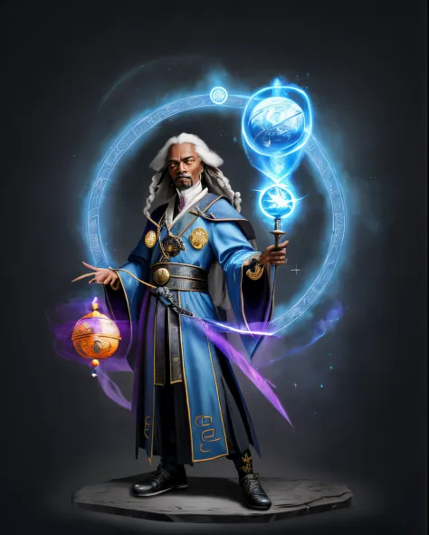 A drawing of a wizard holding a magic wand and a glowing ball, Arcane wizard casting spells, old male teacher, snoop dogg as a m...