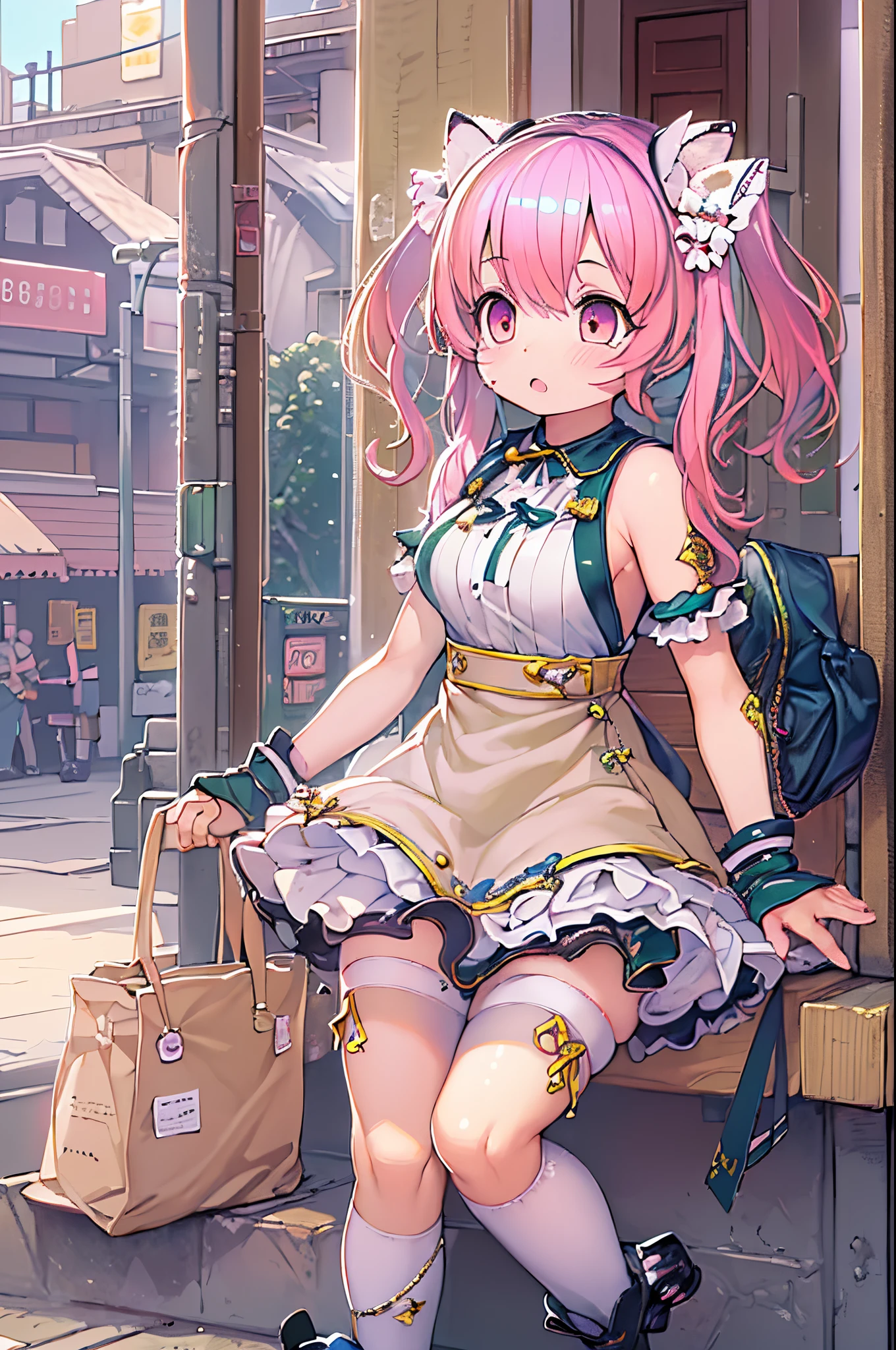 Anime-Mädchen in schwarzen Stiefeln mit rosa Haaren und einer weißen Tasche, , Anime-Bilder von süßen Mädchen, Splash Art Anime Loli, süße Anime-Waifu in einem schönen Kleid, Anime-Moe-Kunststil, Anime-Mädchen in Dienstmädchenkostümen, Loli im Kleid, kleines Mädchen, süßes Anime-Mädchen, rosa Zwillingsschwanzhaar und cyanfarbene Augen