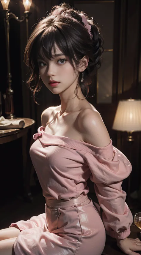 Best Quality, Masterpiece, Ultra High Resolution, (Realisticity: 1.4), Original Photo, 1girl, Pink Off-the-Shoulder, Cinematic L...