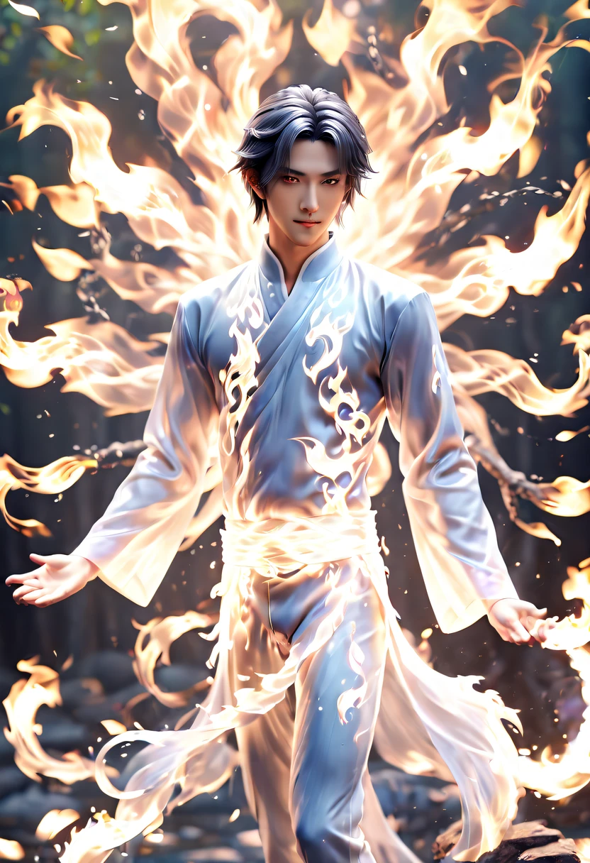 (flame/butterflys/I&#39;m naked，dynamic scene:1.3)，There was a young, handsome, thin man, Male nine-tailed silver fox in Japanese mythology，Long hairs, On clothes, The nine tails spread out behind the back like a fan, He smiled, He smiled thoughtfully, (tmasterpiece), whole-length, face to the viewer, hyper realisitc, Fantastic lighting, glowworm, sequins, Overall color silvery purple