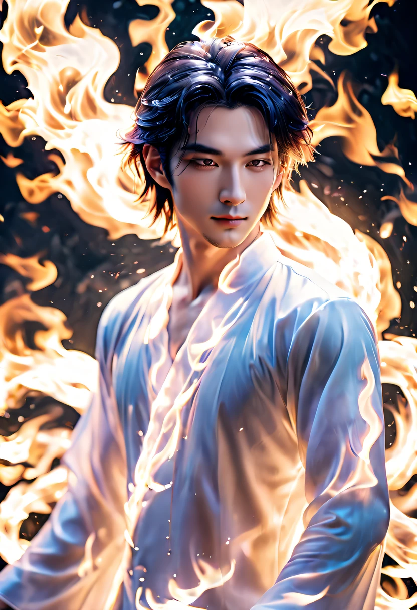 (flame/butterflys/I&#39;m naked，dynamic scene:1.3)，There was a young, handsome, thin man, Male nine-tailed silver fox in Japanese mythology，Long hairs, On clothes, The nine tails spread out behind the back like a fan, He smiled, He smiled thoughtfully, (tmasterpiece), whole-length, face to the viewer, hyper realisitc, Fantastic lighting, glowworm, sequins, Overall color silvery purple