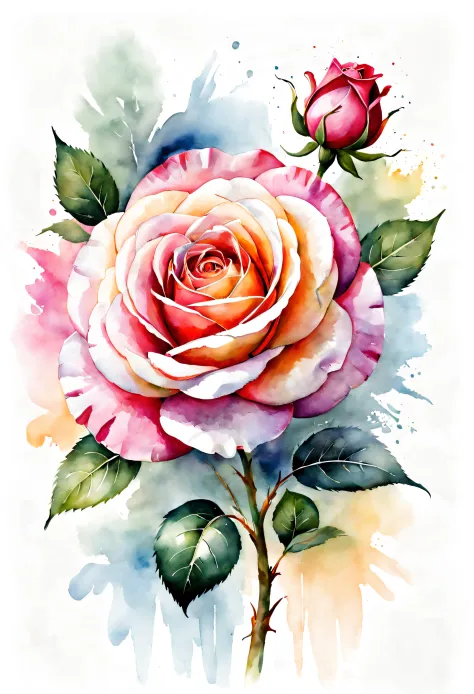 arte conceitual (ultrarrealista:1.3) Watercolor rose floral draw illustration on white background, pintura colorida em Aquarelaa...