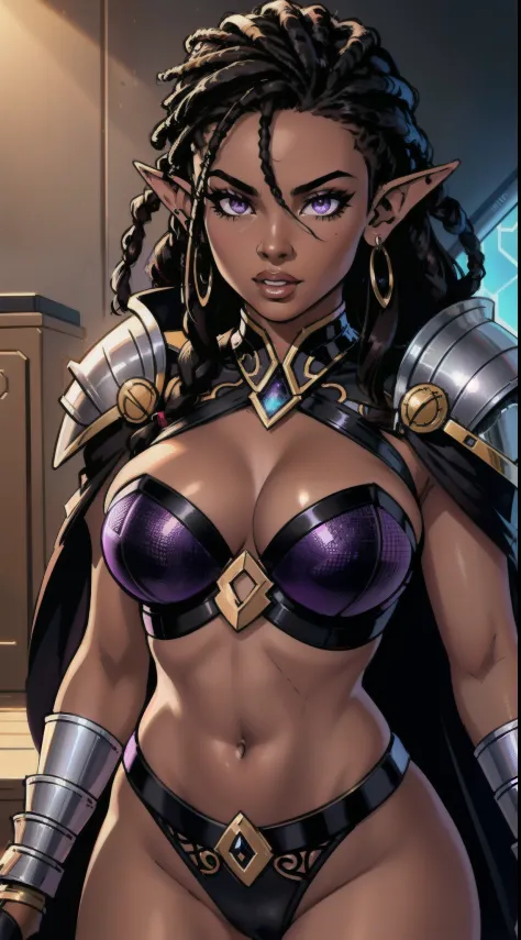 (Concept Art) of an (African-American) female, with dark (black dreadlocks), purple eyes, dark (brown skin), (pointed ears), (slutty assassin), (sexy) black armor, (lust) demon, (Sci-fi) fantasy, (close-up shot), perfect composition, hyper-detailed, 8K, hi...