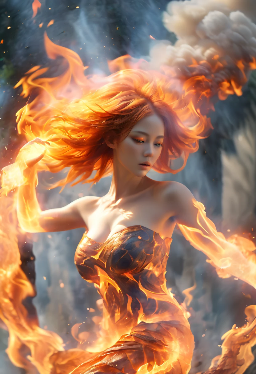 (theelementoffire:1.1),Composed of fire elements,(1 busty girl:1.2),catching fire,transparency,Fiery,(Molten rock),Flame skin,Flame print,fiery hair,smokes,cloud,LOP,,a girl wrapped in flames, Flames rise and sparkle,burning hands,Translucent glow,