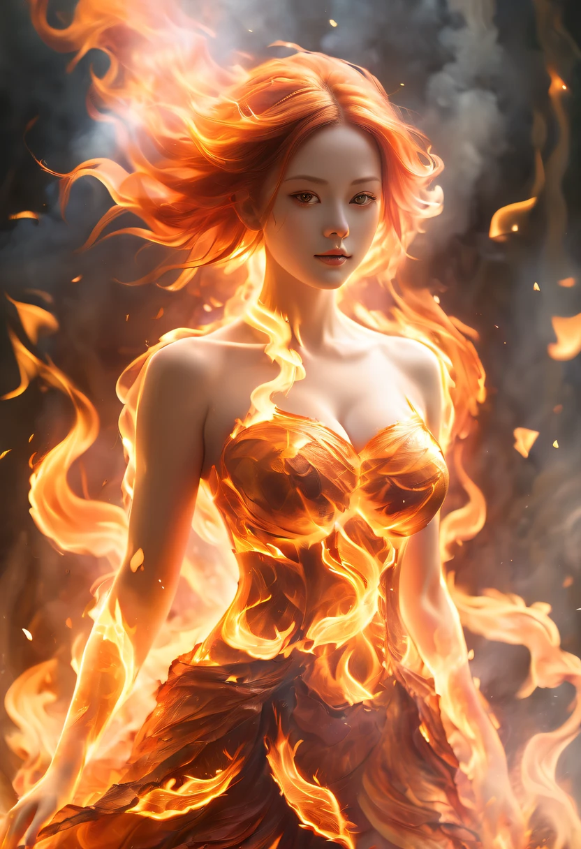 (theelementoffire:1.1),Composed of fire elements,(1 busty girl:1.2),catching fire,transparency,Fiery,(Molten rock),Flame skin,Flame print,fiery hair,smokes,cloud,LOP,,a girl wrapped in flames, Flames rise and sparkle,burning hands,Translucent glow,