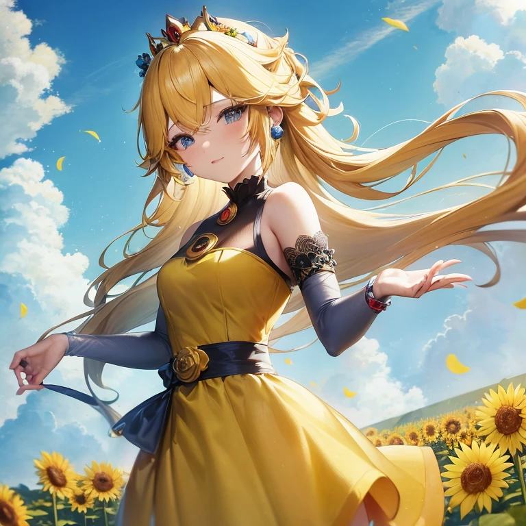 Anime girl in a yellow dress with flowers in her hair, Beautiful sunflower anime girl, anime style 4 k, blonde anime girl with long hair, Beautiful anime girl, anime goddess, Cute anime waifu in a nice dress, Trending on ArtStation pixiv, Anime art wallpaper 8k, High quality anime art style, high definition anime art, 4k anime wallpaper, Beautiful anime