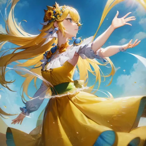 anime girl in a yellow dress with flowers in her hair, beautiful sunflower anime girl, cute anime waifu in a nice dress, blonde ...