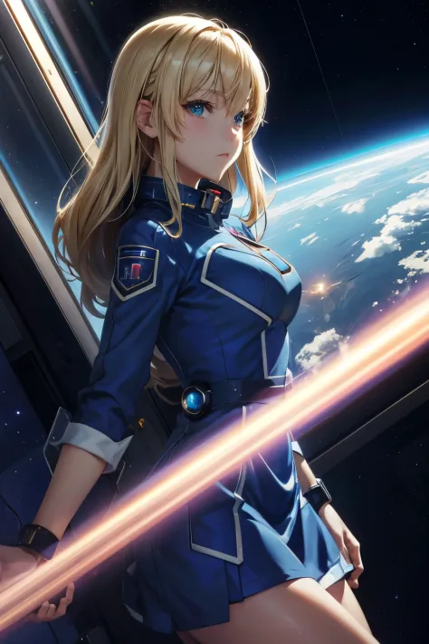 gorgeous blonde anime woman in tecnologic blue dress, in a spacestation, earth visible in space behind a big glass window, anime...