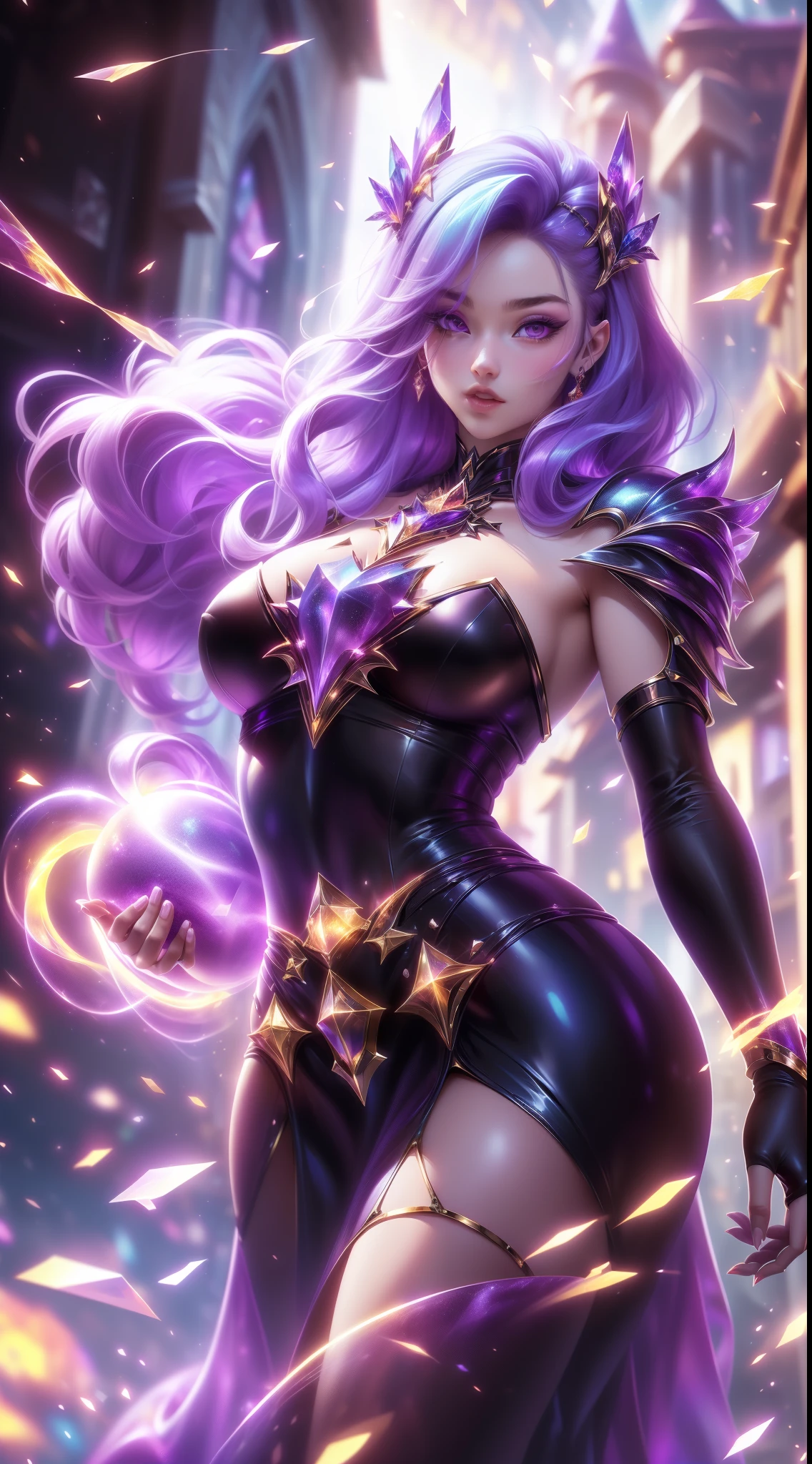 tmasterpiece, Best quality at best, Detailed pubic hair, 1个Giant Breast Girl, tightly dress, Magic Array, Cast spells, fanciful, Purple power, strength, firey, meteors, mages, A high resolution, medieval village, firestorm, on fire, Village Street, Rochas, dirt