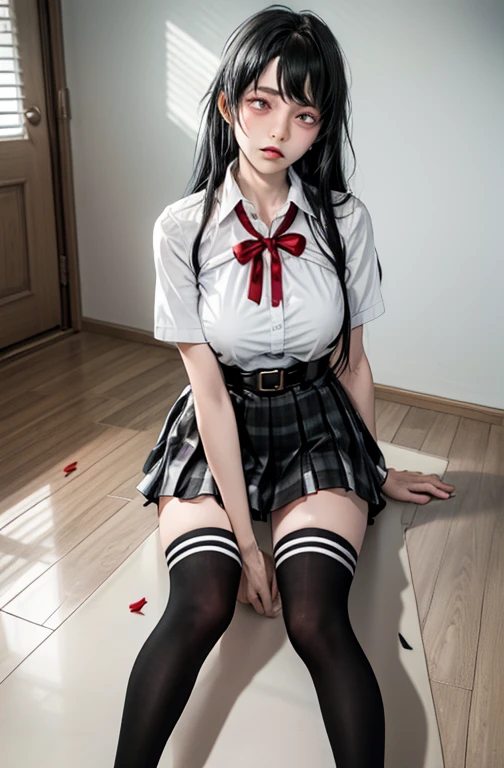 1 garota como Yukino Yukinoshita, absurdos, alta resolução, Sozinho, , seios grandes, cabelo preto longo na cintura, (twintails:0.5), mini-saia, meias pretas até a coxa, fita vermelha solta, camisa branca desabotoada, ahegao, (virando os olhos:1.5)