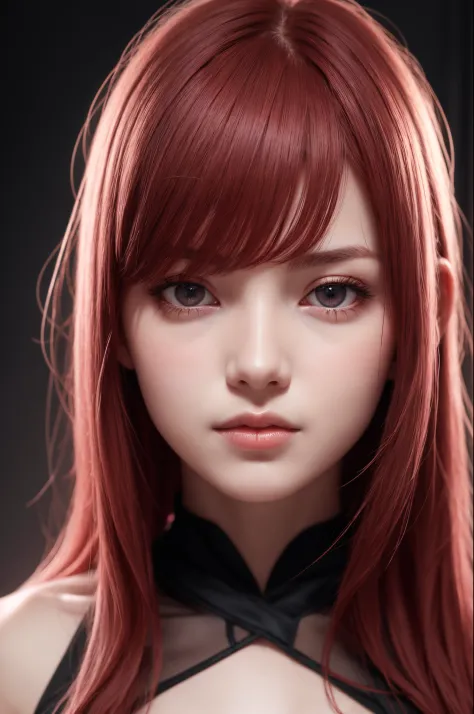 1girl in, star eye, blush, Perfect Illumination, Red hair, Red Eyes, Unreal Engine, side lights, Detailed face, Bangs, bright skin,  background, Dark background,