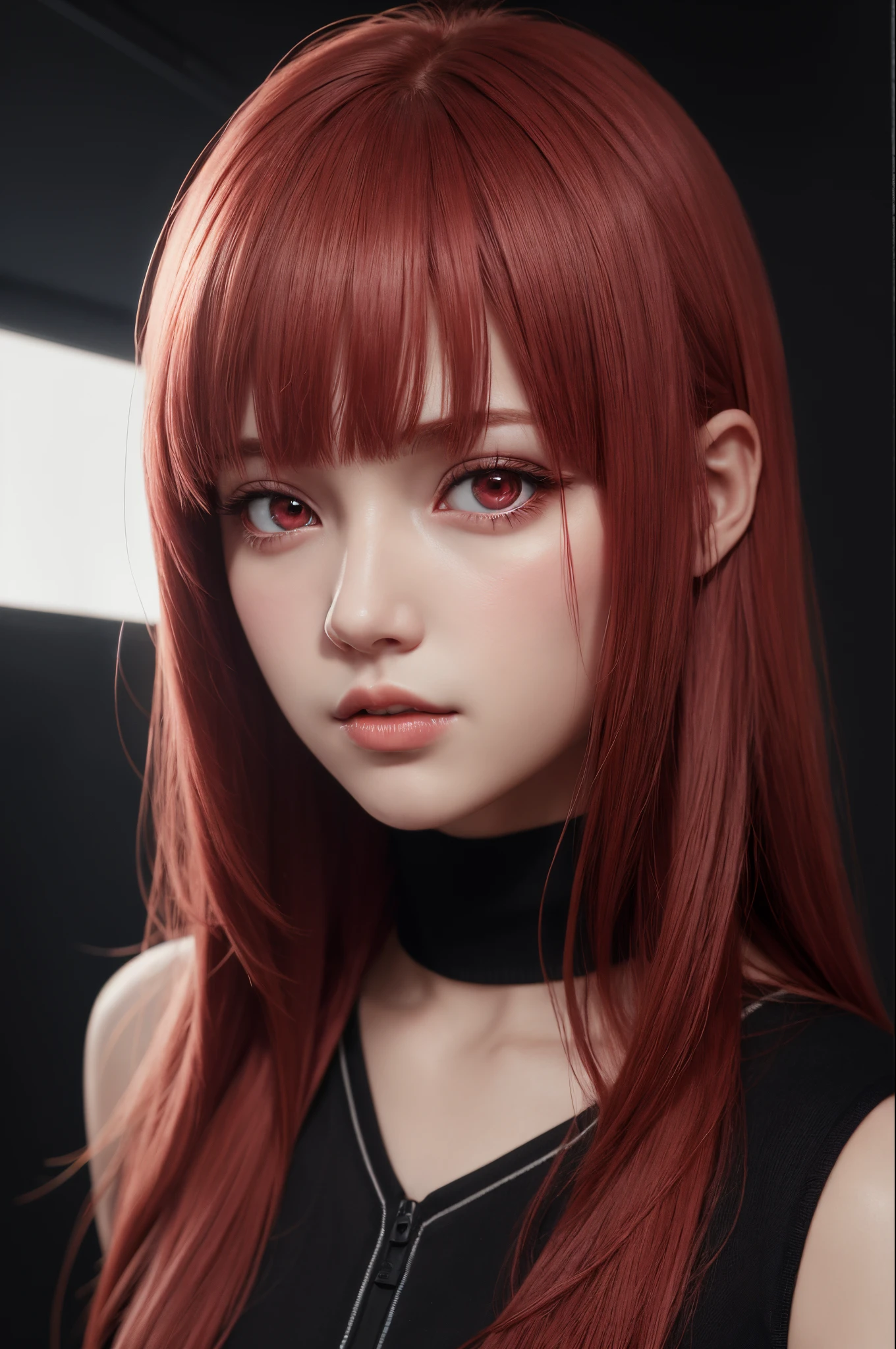 1girl in, star eye, blush, Perfect Illumination, Red hair, Red Eyes, Unreal Engine, side lights, Detailed face, Bangs, bright skin,  background, Dark background,