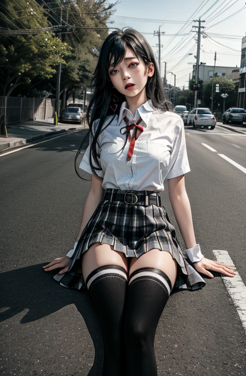 1 girl as yukino yukinoshita, absurdres, highres, solo, school uniform, big breasts, waist long black hair, (twintails:0.5), miniskirt, black thighhigh socks, loose red ribbon, unbuttoned white shirt, (ahegao:1.2), (rolling eyes:1.2), (legs wide open:1.1)