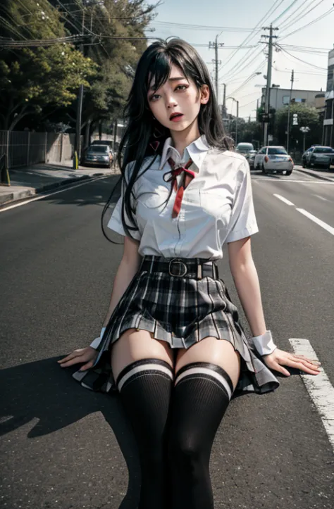 1 girl as yukino yukinoshita, absurdres, highres, solo, school uniform, big breasts, waist long black hair, (twintails:0.5), min...