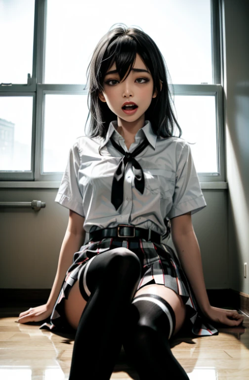 1 girl as yukino yukinoshita, absurdres, highres, solo, school uniform, big breasts, waist long black hair, (twintails:0.5), miniskirt, black thighhigh socks, loose red ribbon, unbuttoned white shirt, (ahegao:1.2), (rolling eyes:1.2), spread legs