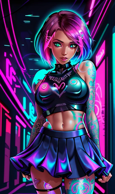 A chibi style mesmerizing female cyberpunk street artist, detailed holographic mural in a neon-lit  alley, (annabellpeaks:0.8) closeup, Amazing fine detail, glowing eyes, [(colorful explosion psychedelic paint colors:1.21)::0.15], detailed background, round cute face, green eyes, detailed clothes, skinny, shinny glossy skin, subsurface scattering, (gothic:0.8), frills, pleated skirt, Nikon D850 film stock photograph Kodak Portra 400 camera f1.6 lens, rich colors, lifelike texture, dramatic lighting, unreal engine, cinestill 800 tungsten