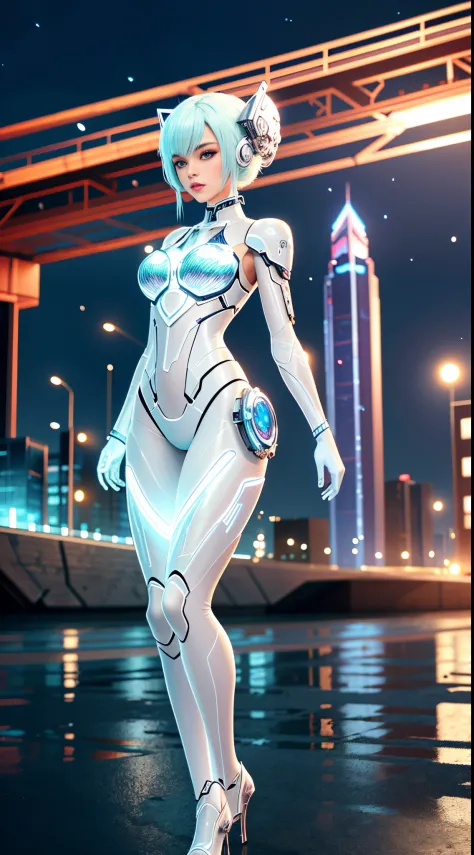 Translucent ethereal mechanical girl，Futuristic girl，Mechanical union city background，model shoot style, (extremely detaild的 CG ...