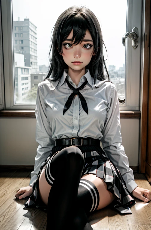 1 girl as yukino yukinoshita, absurdesten, highres, Allein, , Große Brüste, taillenlanges schwarzes Haar, (Zwillingsschwänze:0.5), miniskirt, schwarze Overknee-Socken, loses rotes Band, aufgeknöpftes weißes Hemd, (ahegao:1.2), (Augen rollen:1.2), Beine spreizen