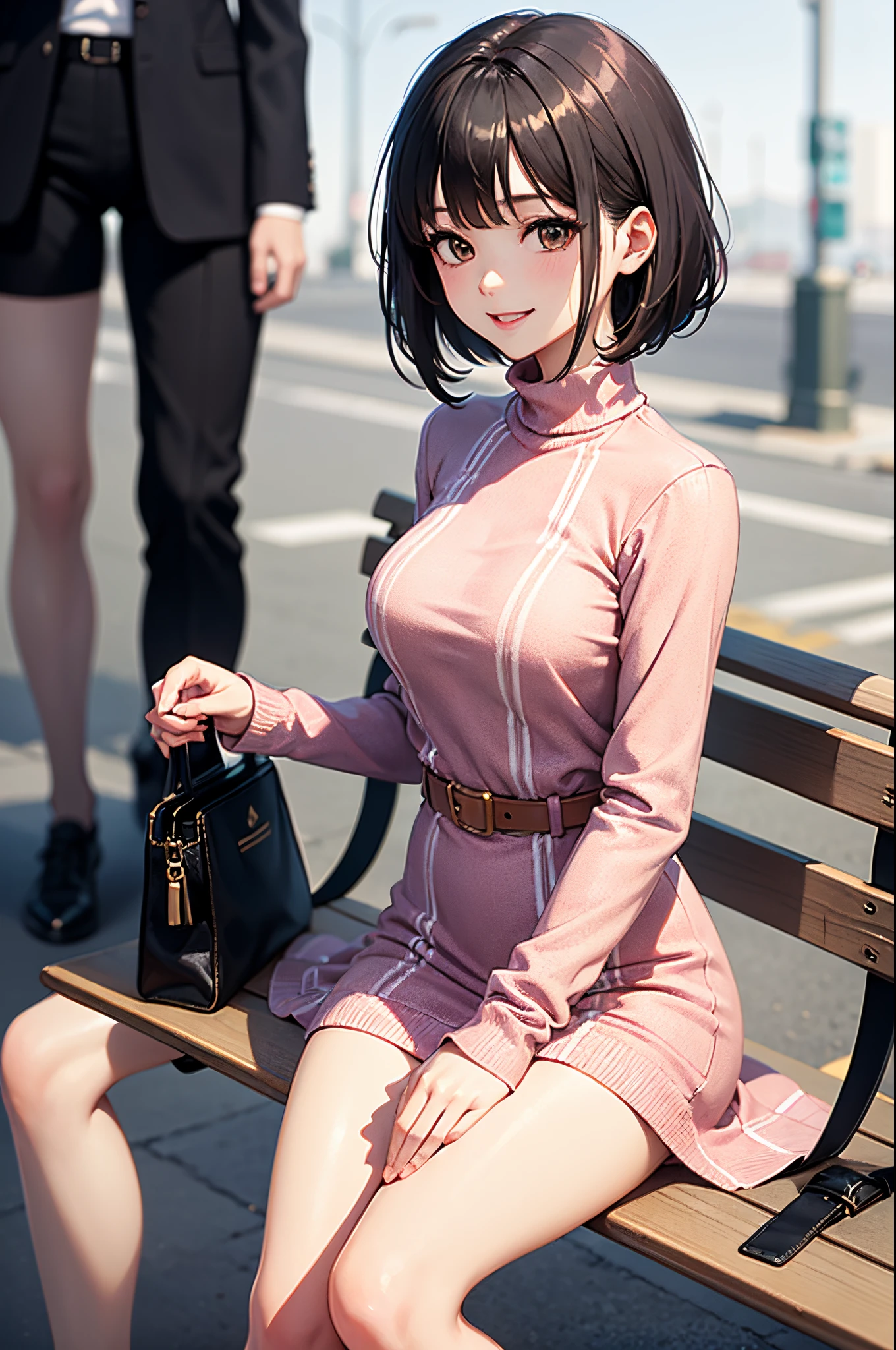 Anime girl sitting on a bench with a purse and a man standing behind her -  SeaArt AI