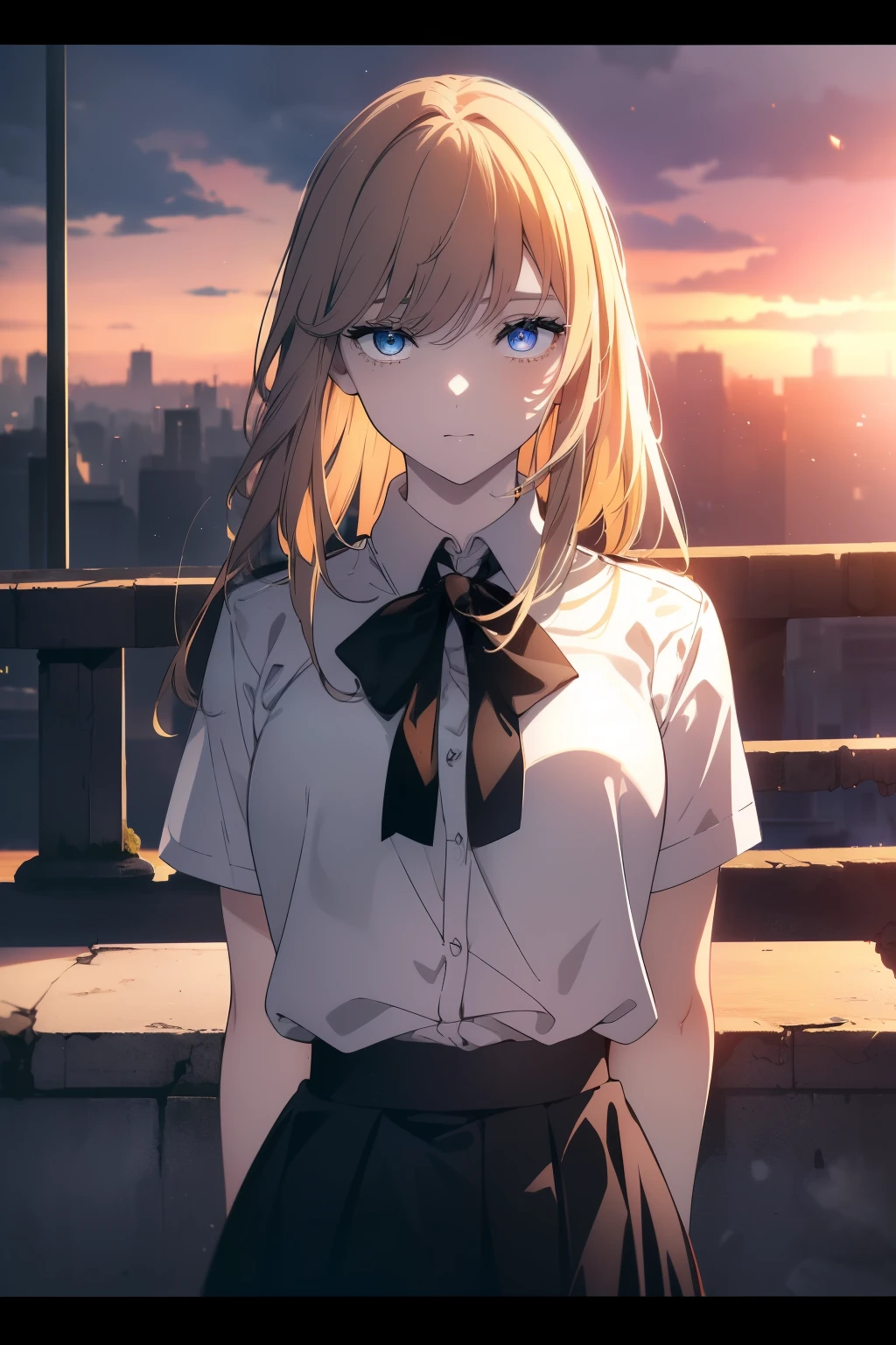 (((Obra maestra, La mejor calidad, ultrahigh resolution))), 1girl, standing, school uniform, white office shirt, black pleated skirt, ((light brown hair:0.7)), long hair cut, pale skin, ((blue eyes)), glowing_eyes, neon eyes, (((ultra detailed eyes, beautiful and detailed face, detailed eyes))), ((centered)), smile, ((wide shot)), facing viewer, eye level, (blurry background, sunset background, on top of building view), flat chested, looking at viewer, ((half closed eyes)), ((perfect hands)), (((head, arms, hips, elbows, in view))), ((hands behind back)), empty eyes, (beautiful lighting, outside, outdoors), shooting star:0.7, background, defined subject, 18 years old