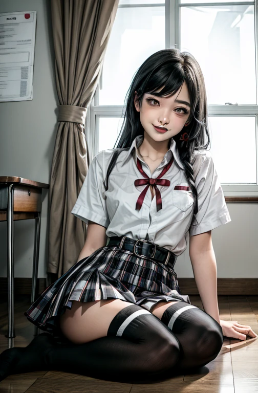 1 girl as yukino yukinoshita, absurdres, highres, solo, school uniform, big breasts, waist long black hair, (twintails:0.5), miniskirt, black thighhigh socks, loose red ribbon, unbuttoned white shirt, (ahegao:1.2), (rolling eyes:1.2), spread legs, flirtatious smile