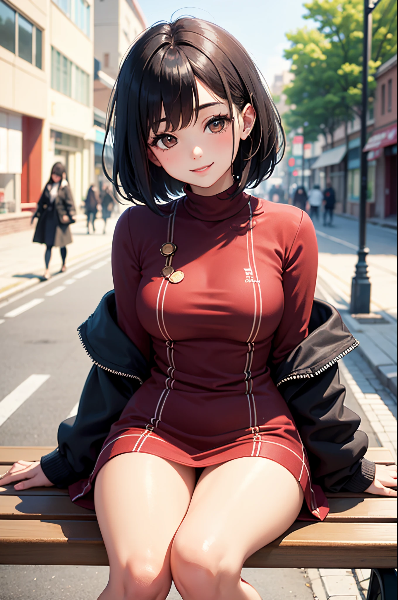 Anime girl sitting on a bench in a city street - SeaArt AI