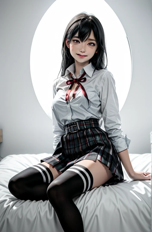 1 girl as yukino yukinoshita, absurdres, highres, solo, school uniform, big breasts, waist long black hair, (twintails:0.5), miniskirt, black thighhigh socks, loose red ribbon, unbuttoned white shirt, (ahegao:1.2), (rolling eyes:1.2), spread legs, while smiling